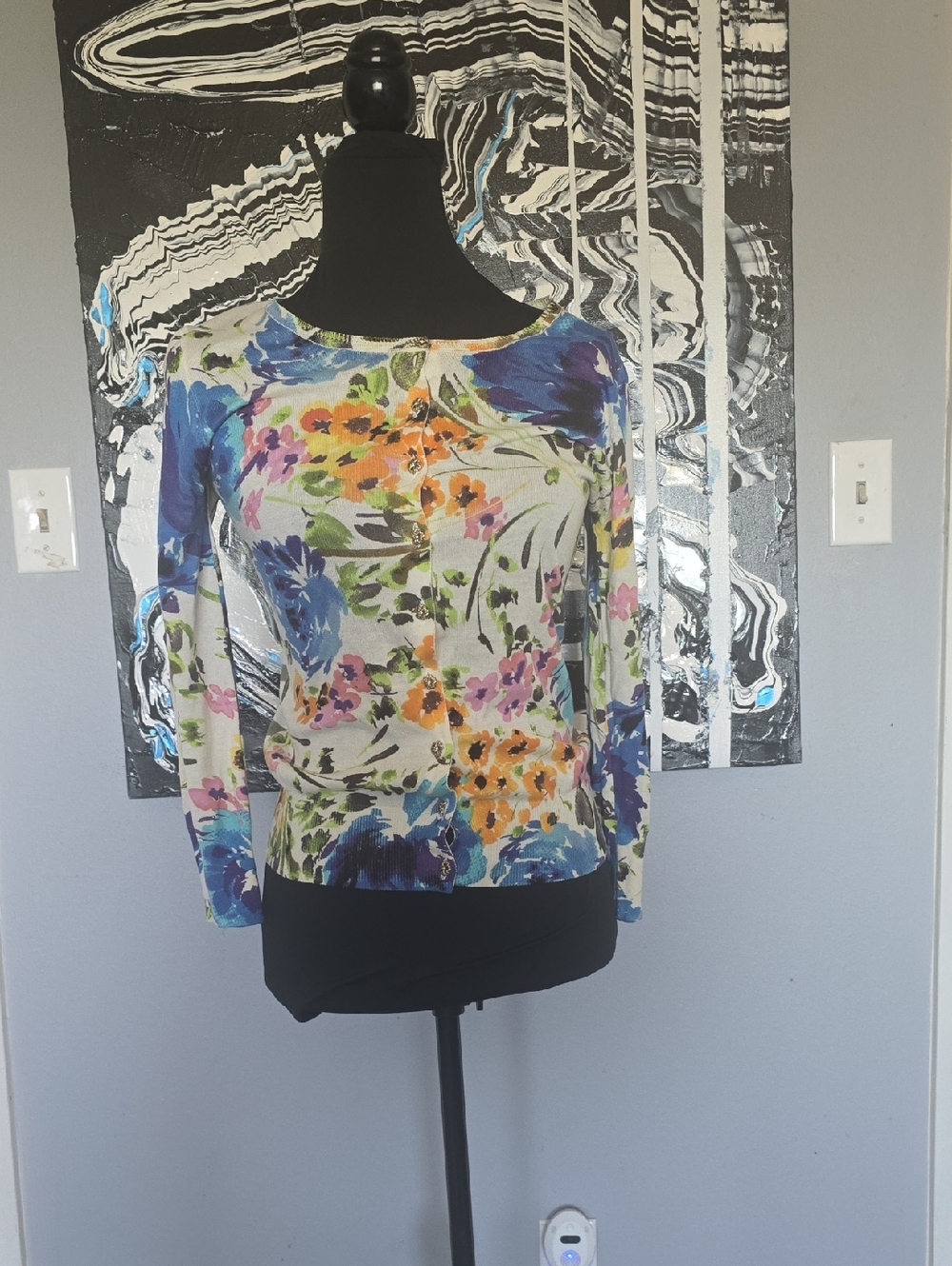 Charlotte Tarantola Floral Knit Cardigan in Blue, Yellow & Pink